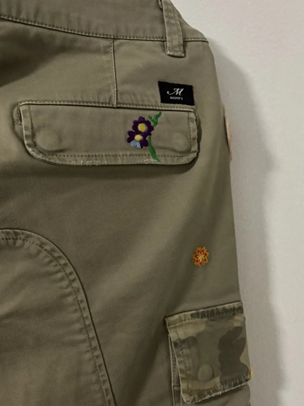 Mason Olive Cargo Pants with Floral & Patch Details